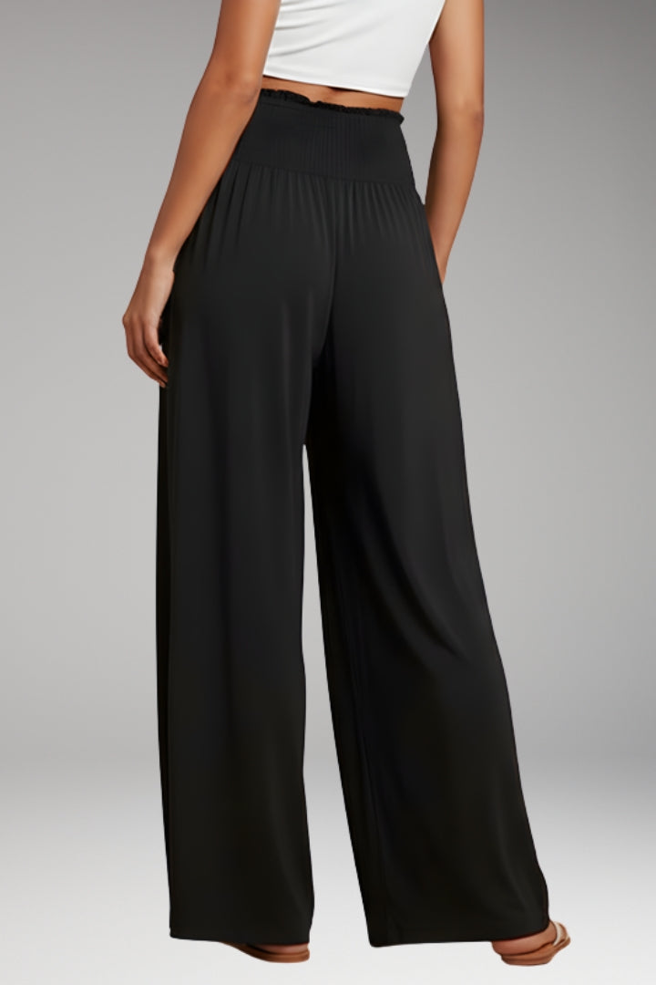 Women's Wide-Leg Trousers with High-Waisted Fit and Smocked Waistband
