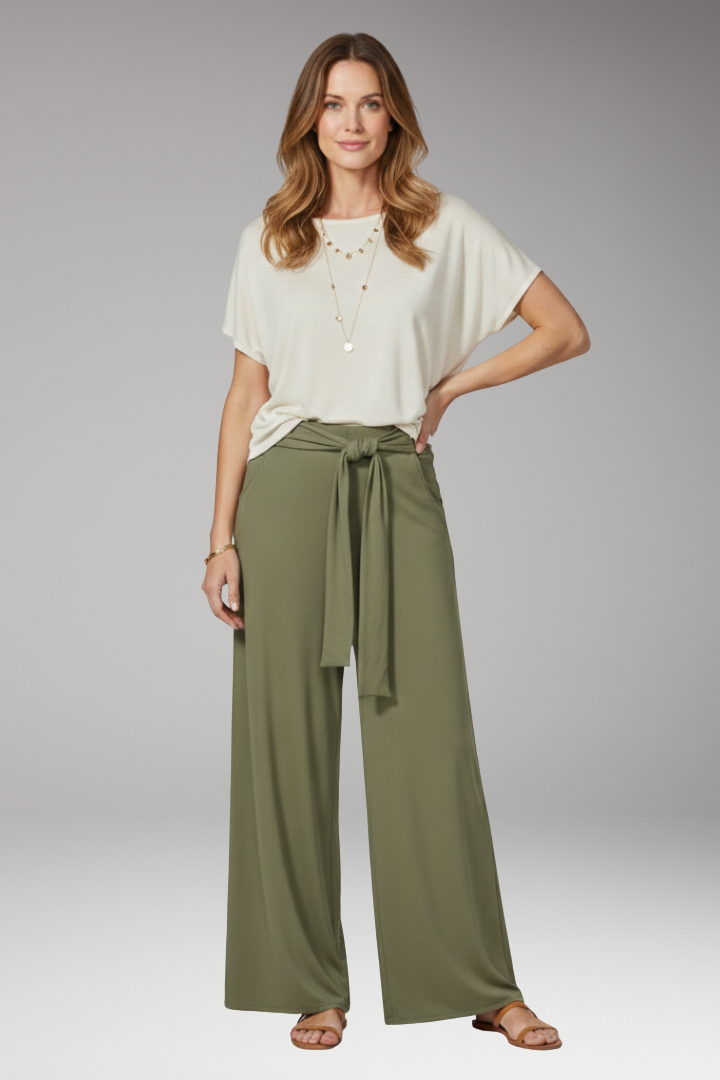 Women's Wide-Legged Trousers with High Waist and Tie Belt