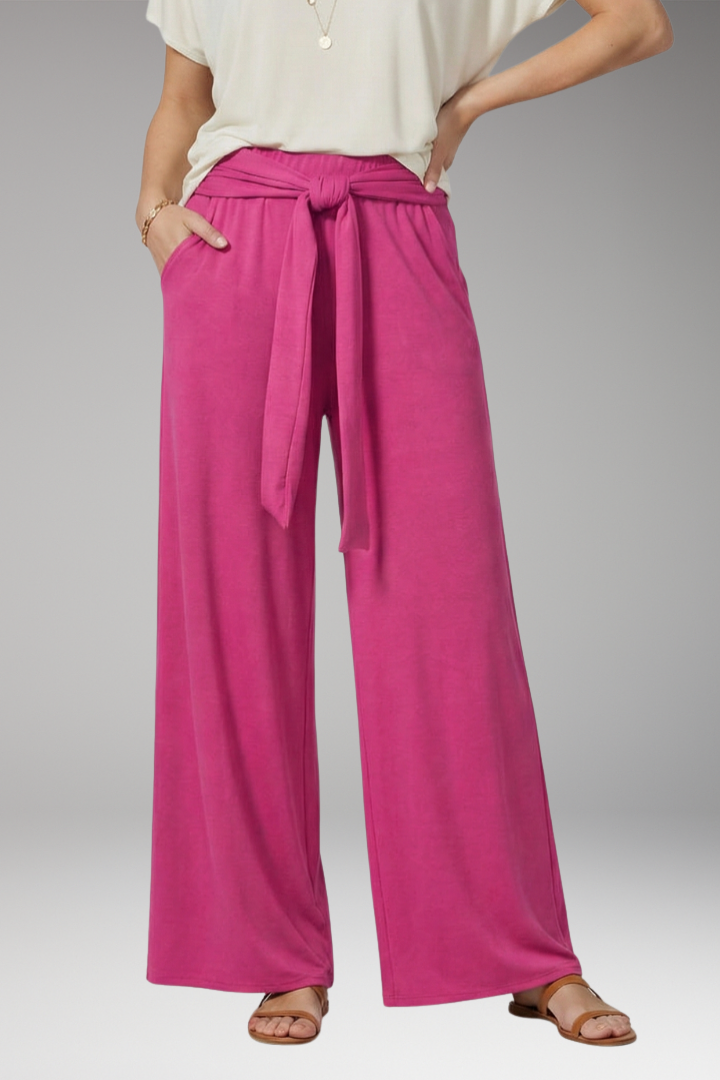Women's Wide-Legged Trousers with High Waist and Tie Belt