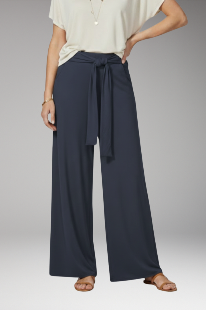 Women's Wide-Legged Trousers with High Waist and Tie Belt