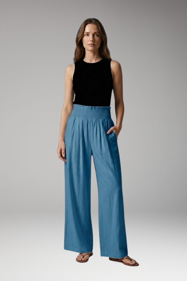 Women's Wide-leg Beach Pants with High-waisted and Elastic Waistband