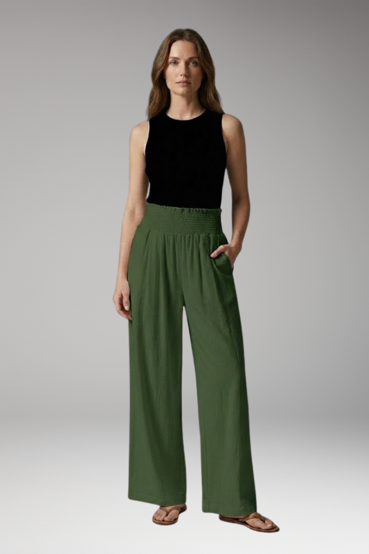 Women's Wide-leg Beach Pants with High-waisted and Elastic Waistband