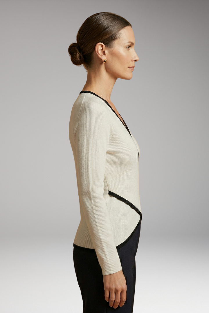 Women's Wrap Knit Top with V-Neck and Contrasting Trim