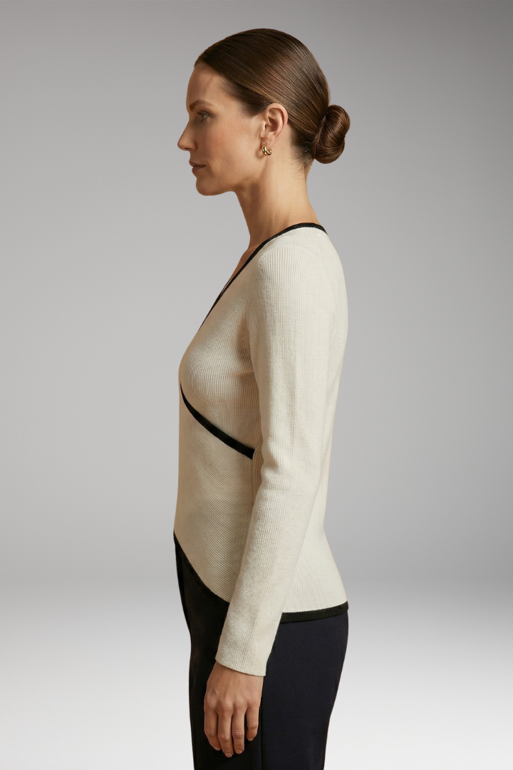 Women's Wrap Knit Top with V-Neck and Contrasting Trim