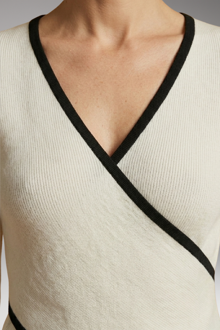 Women's Wrap Knit Top with V-Neck and Contrasting Trim