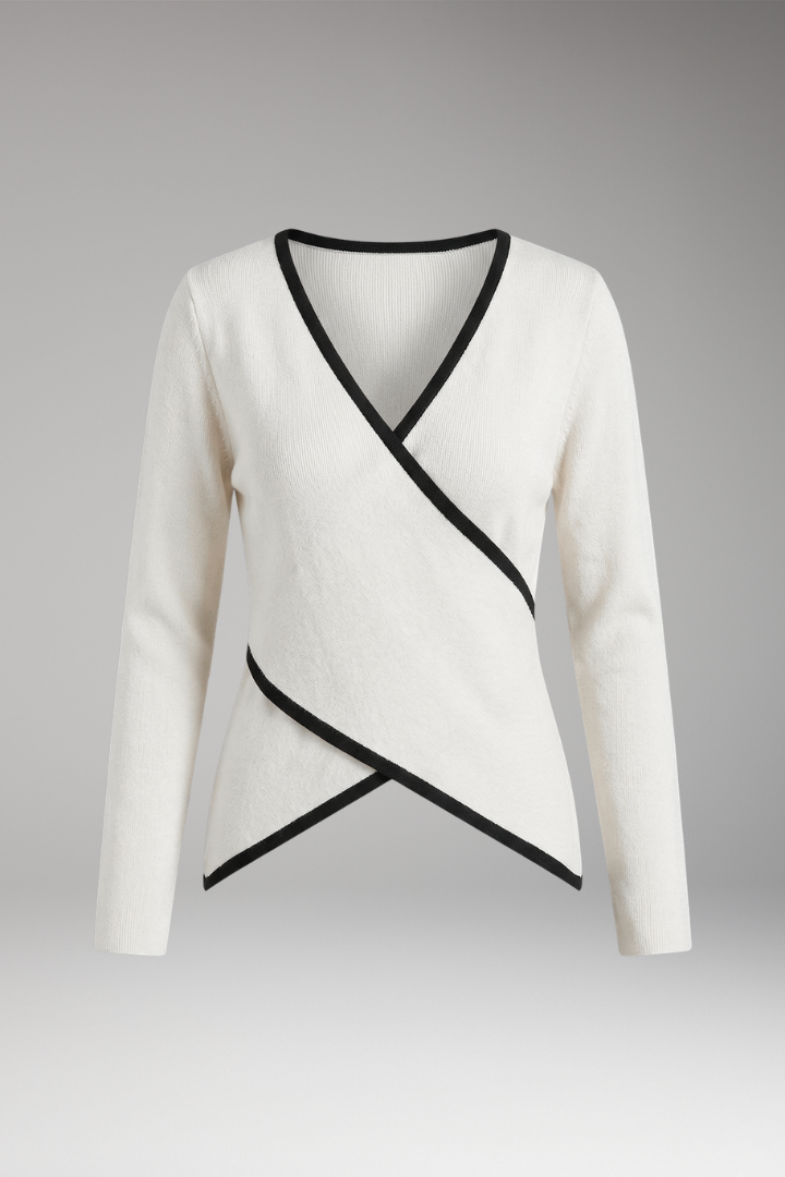 Women's Wrap Knit Top with V-Neck and Contrasting Trim