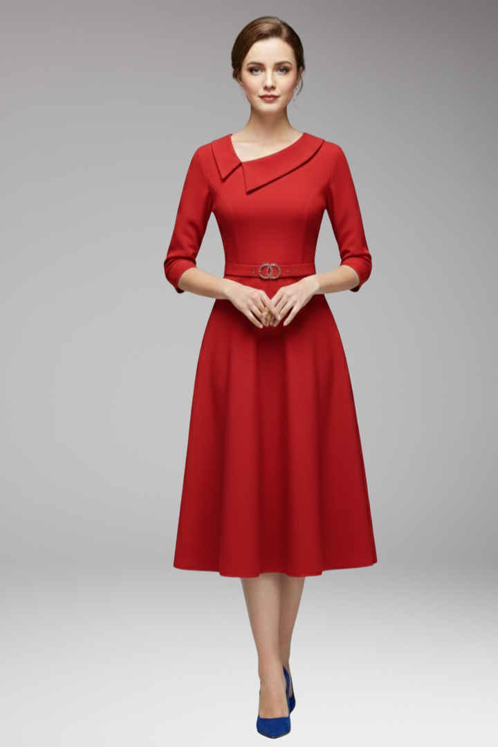 Women's 3/4 Sleeve Festive Dress with Asymmetrical Neckline and Belt