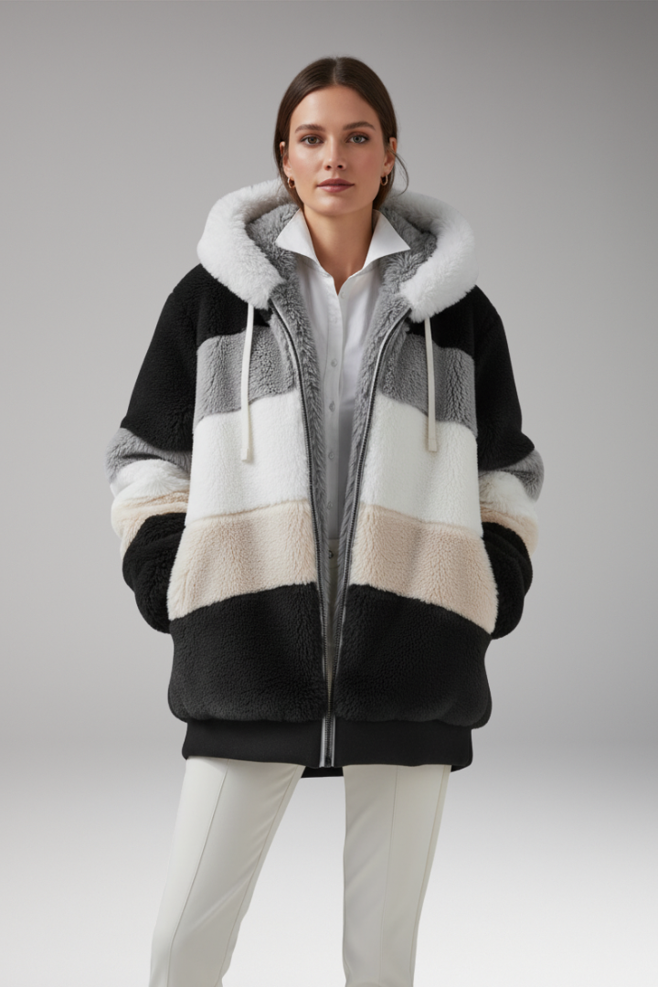 Women’s Hooded Coat with Zip Closure and Textured Surface