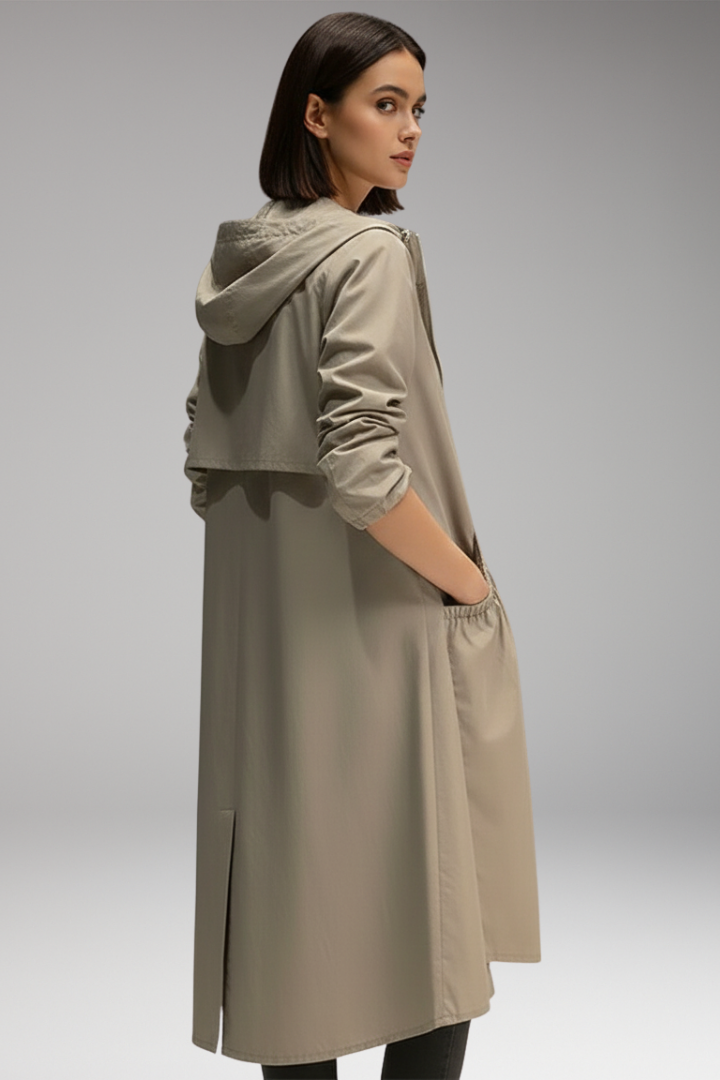 Women's Long Coat with Hood and Front Zipper