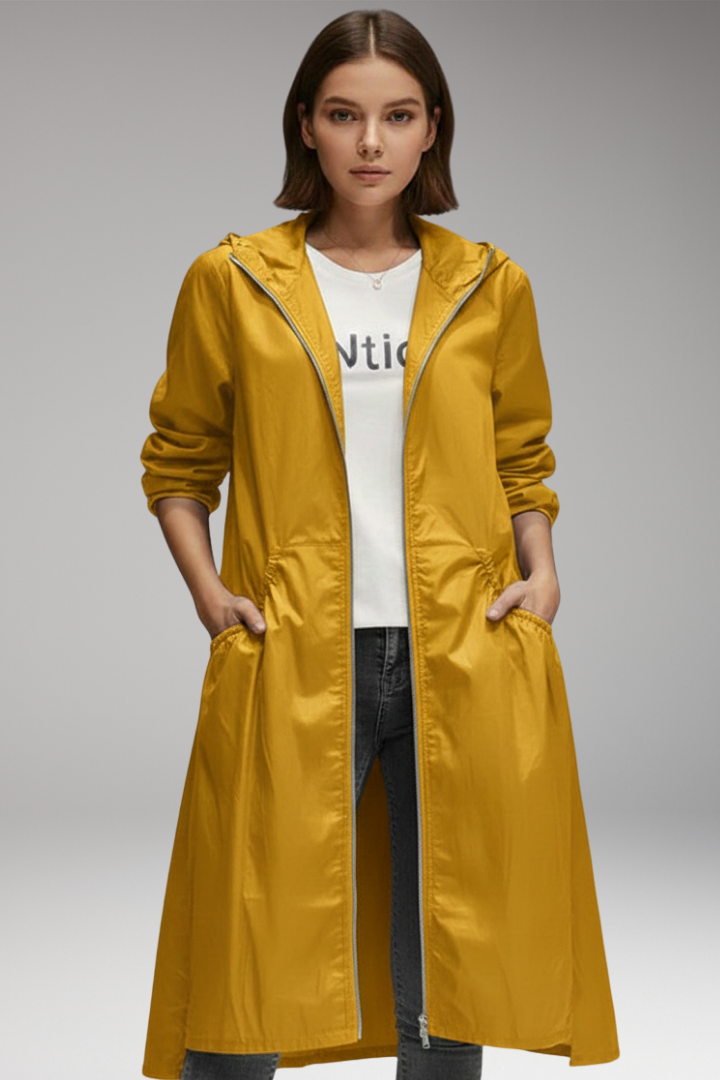 Women's Long Coat with Hood and Front Zipper