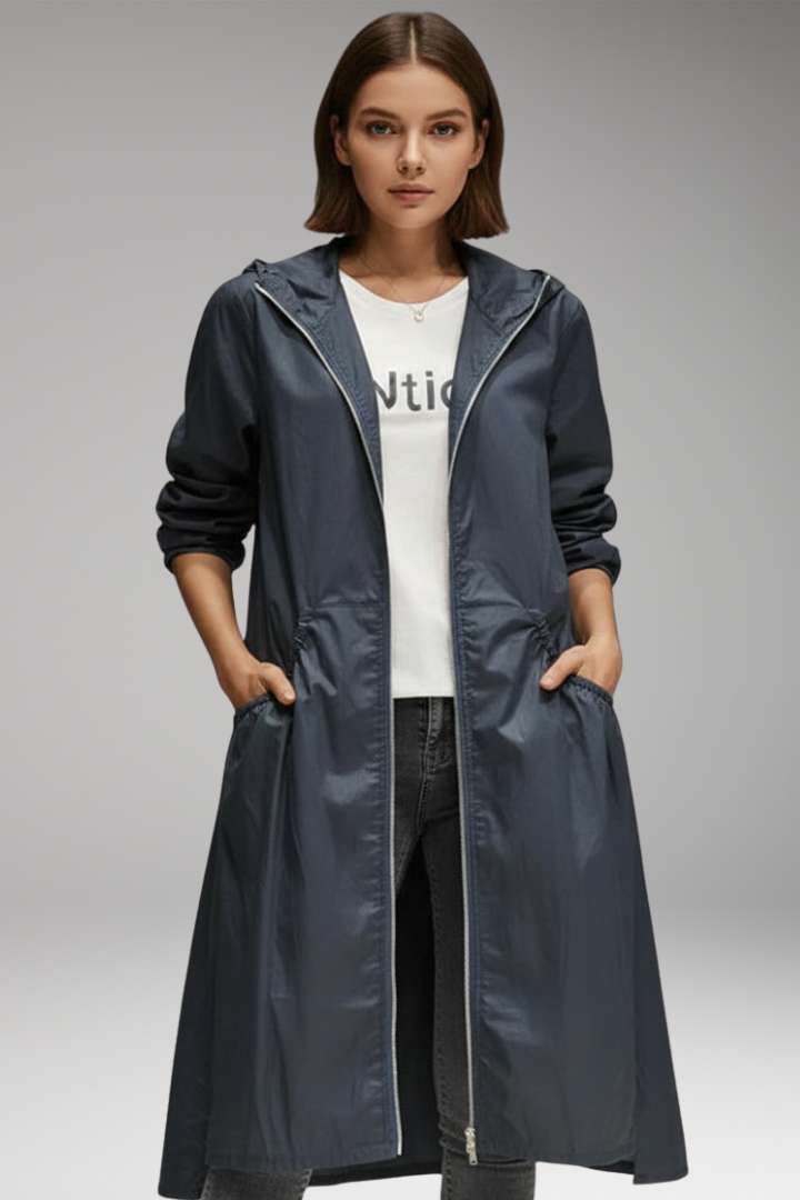Women's Long Coat with Hood and Front Zipper