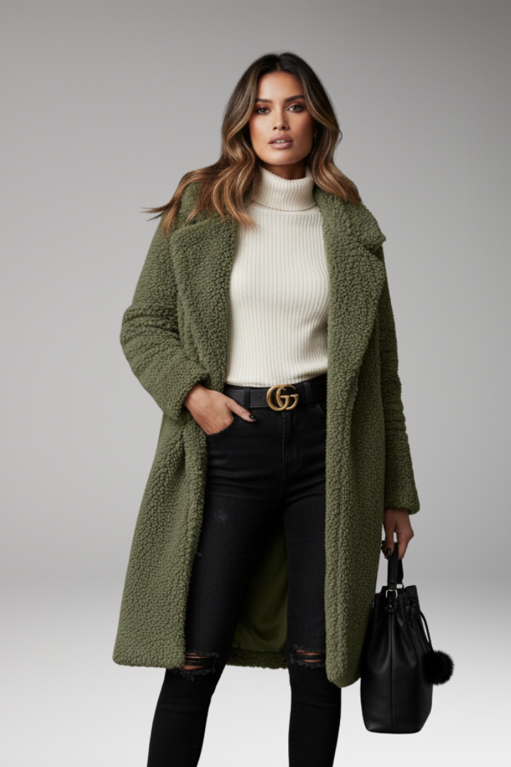 Women's Long Coat with Lapel Collar and Textured Outer Surface