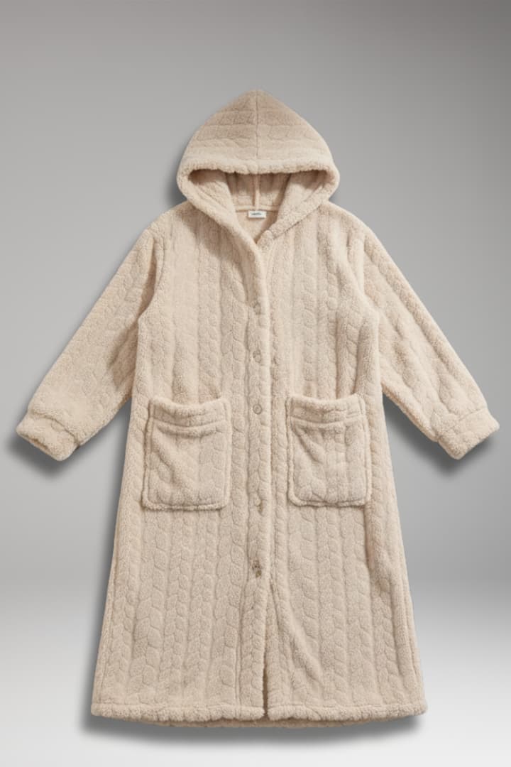 Women’s Long Hooded Bathrobe with Front Pockets and Button Closure