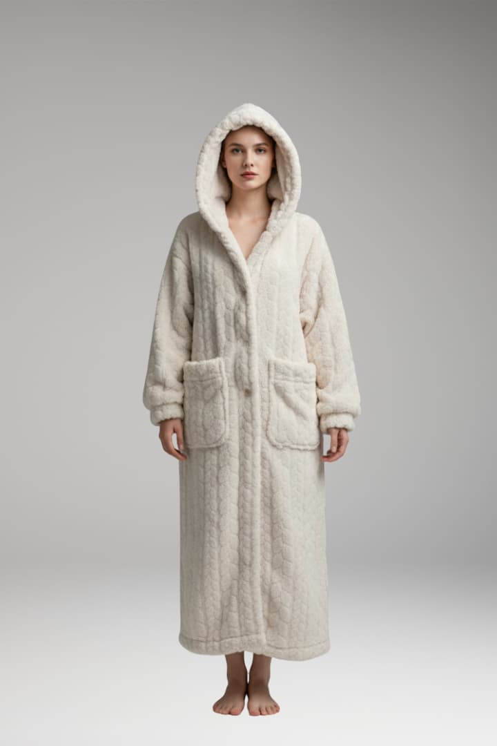 Women’s Long Hooded Bathrobe with Front Pockets and Button Closure