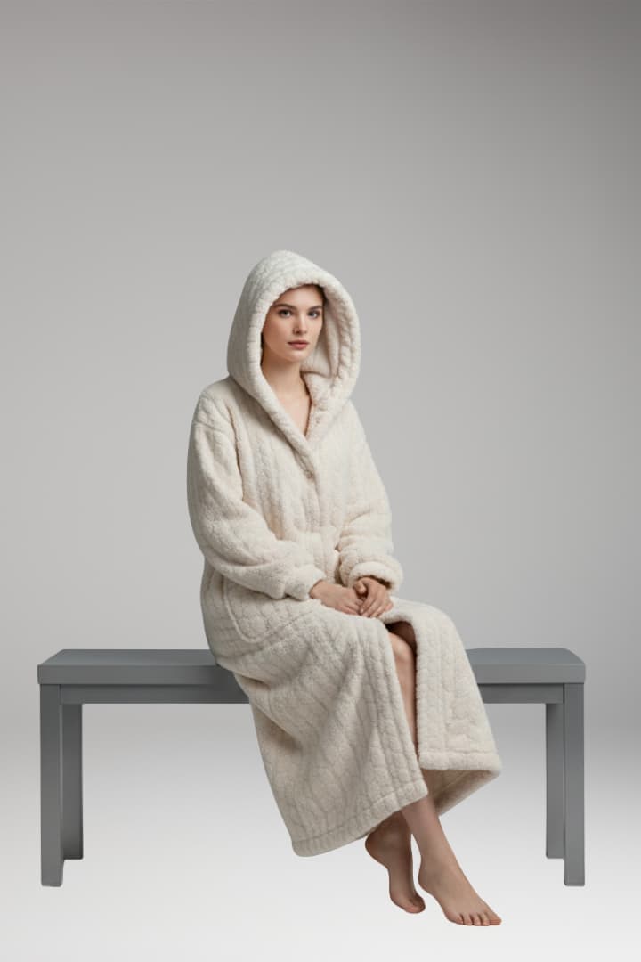 Women’s Long Hooded Bathrobe with Front Pockets and Button Closure