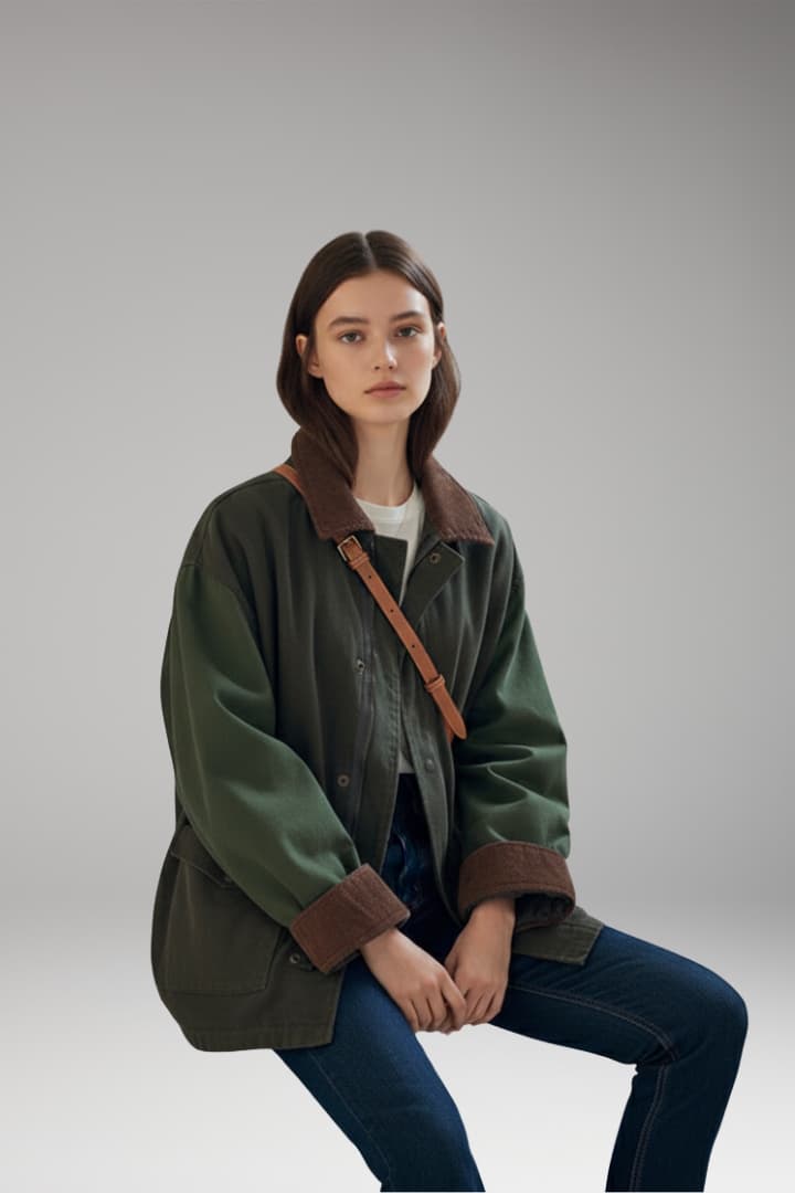 Women’s Oversized Jacket with Button Closure and Contrast Collar