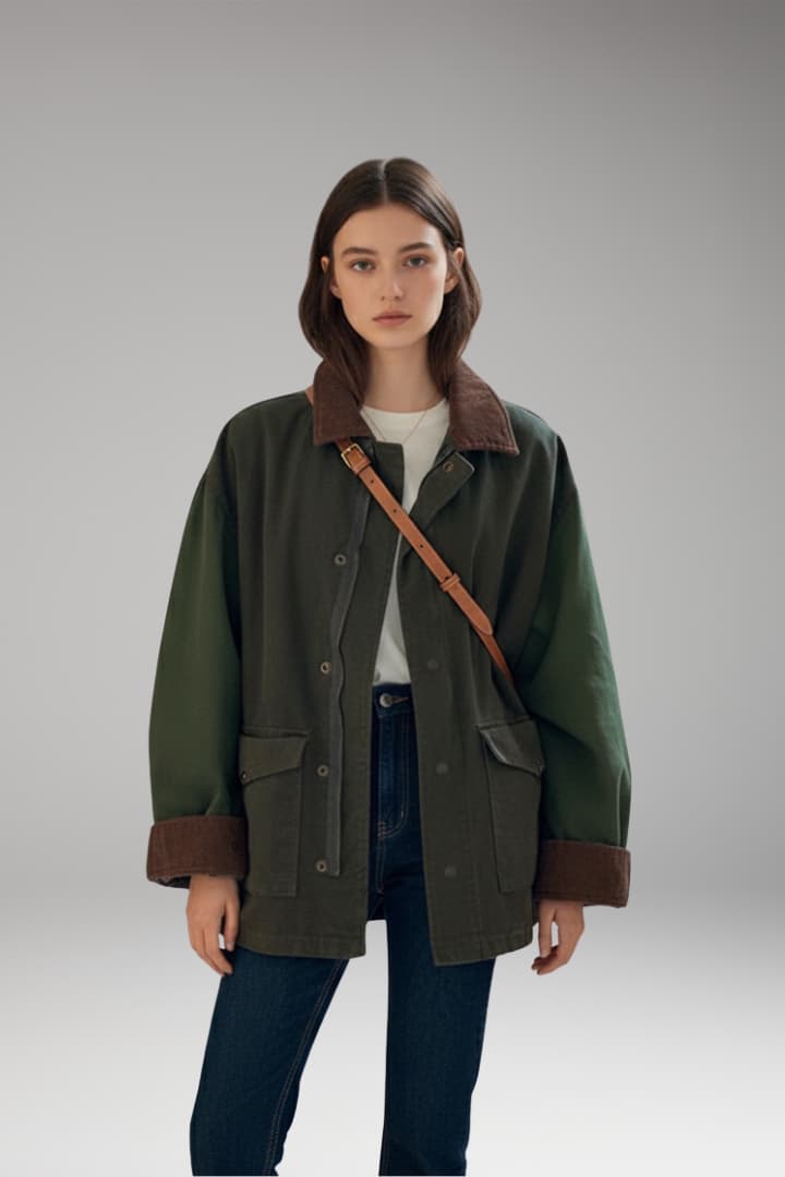 Women’s Oversized Jacket with Button Closure and Contrast Collar