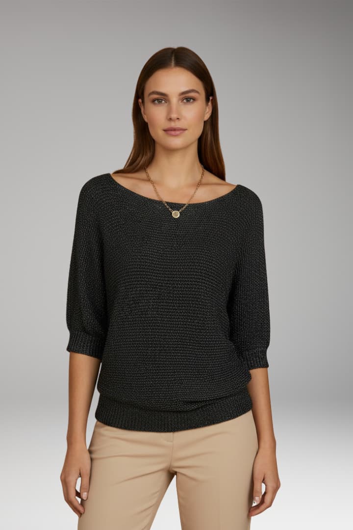 Women’s Pullover Top with Wide Neckline and Ribbed Edges