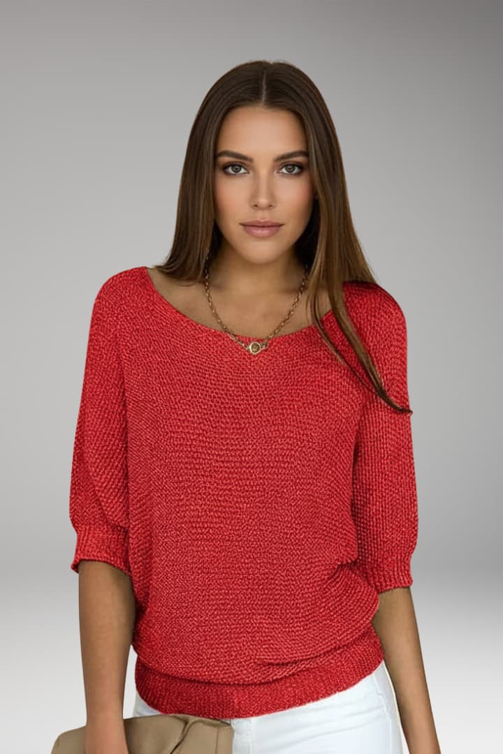 Women’s Pullover Top with Wide Neckline and Ribbed Edges