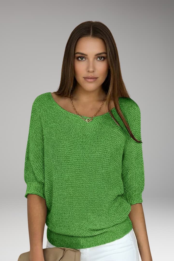 Women’s Pullover Top with Wide Neckline and Ribbed Edges