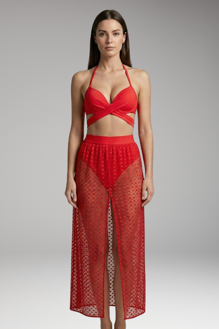 Women's Three-Piece Bikini with Criss-Cross Top and Mesh Skirt
