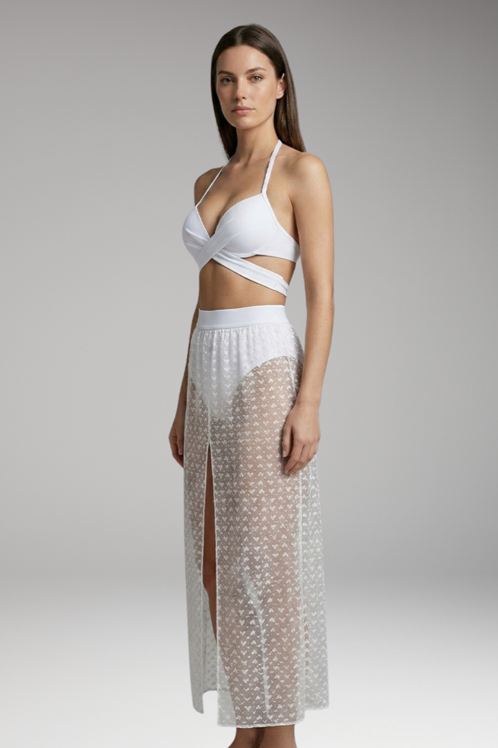 Women's Three-Piece Bikini with Criss-Cross Top and Mesh Skirt