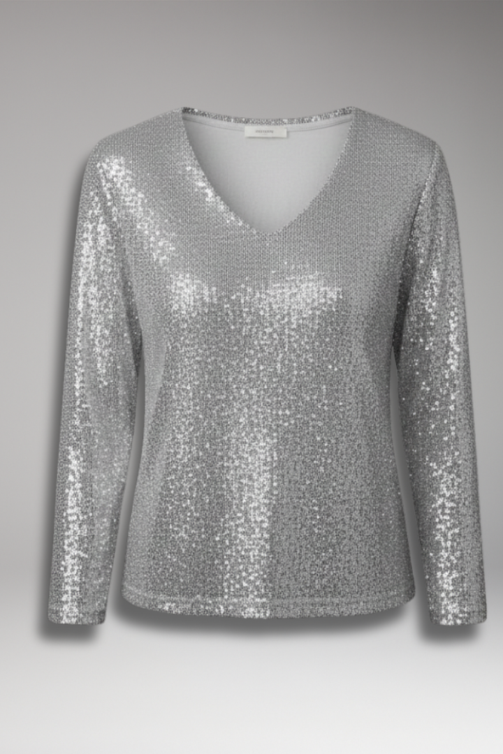 Women's Top with V-Neck and Sequin-Covered Outer Layer