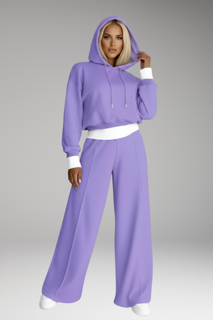 Women’s Tracksuit Set with Drawstring Hoodie and Wide-Leg Pants