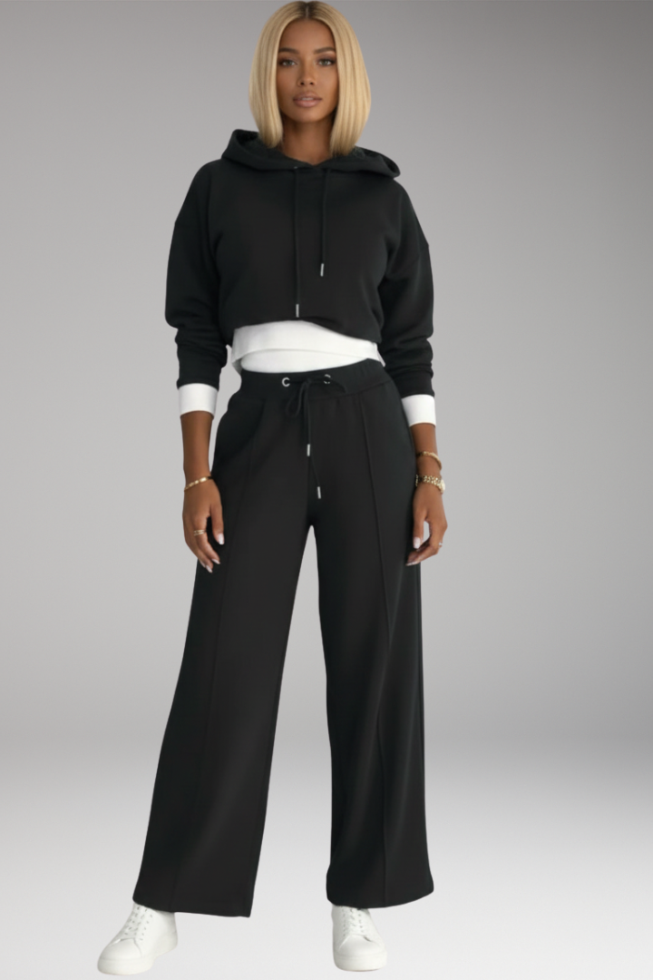 Women’s Tracksuit Set with Drawstring Hoodie and Wide-Leg Pants