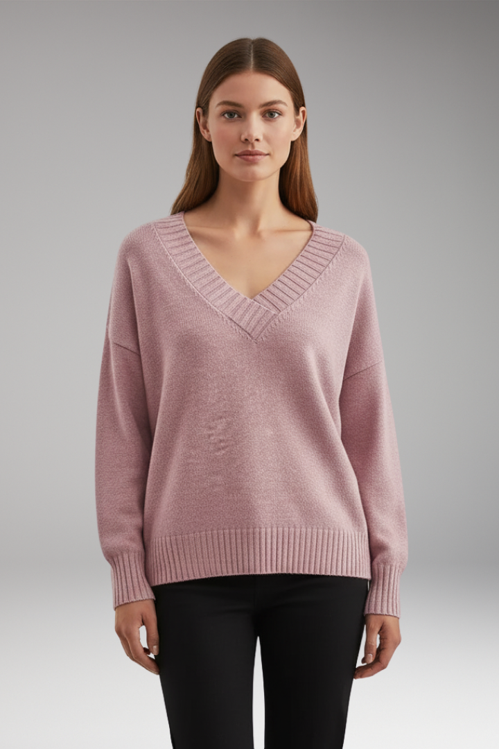 Women’s V-Neck Sweater with Ribbed Trim and Knit Design