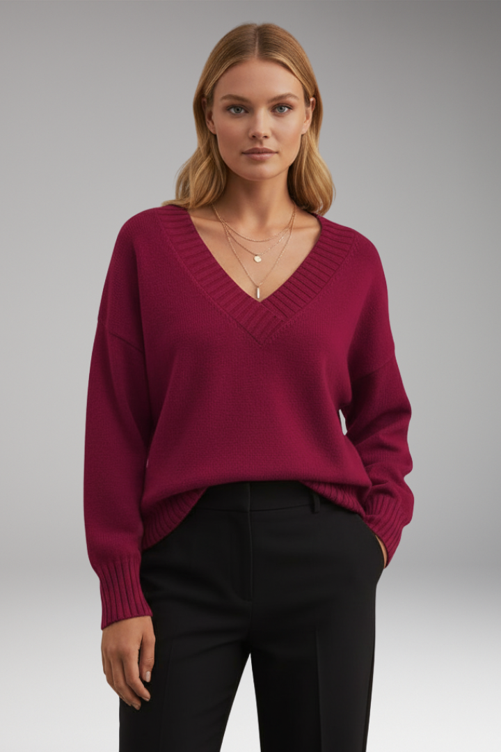 Women’s V-Neck Sweater with Ribbed Trim and Knit Design