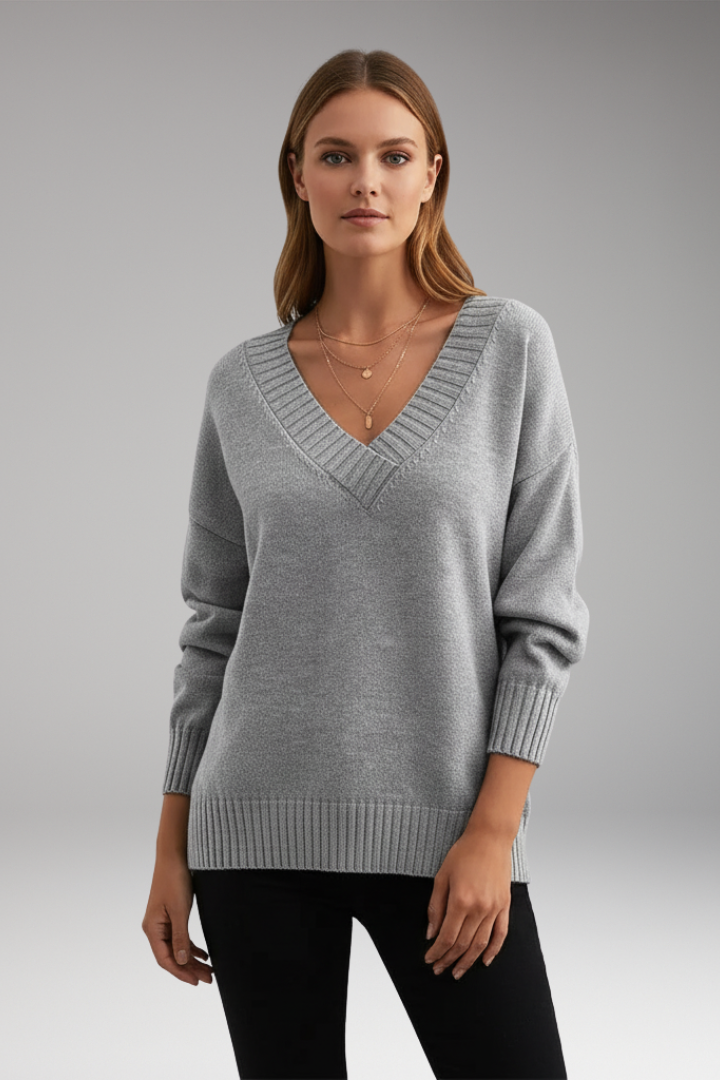 Women’s V-Neck Sweater with Ribbed Trim and Knit Design