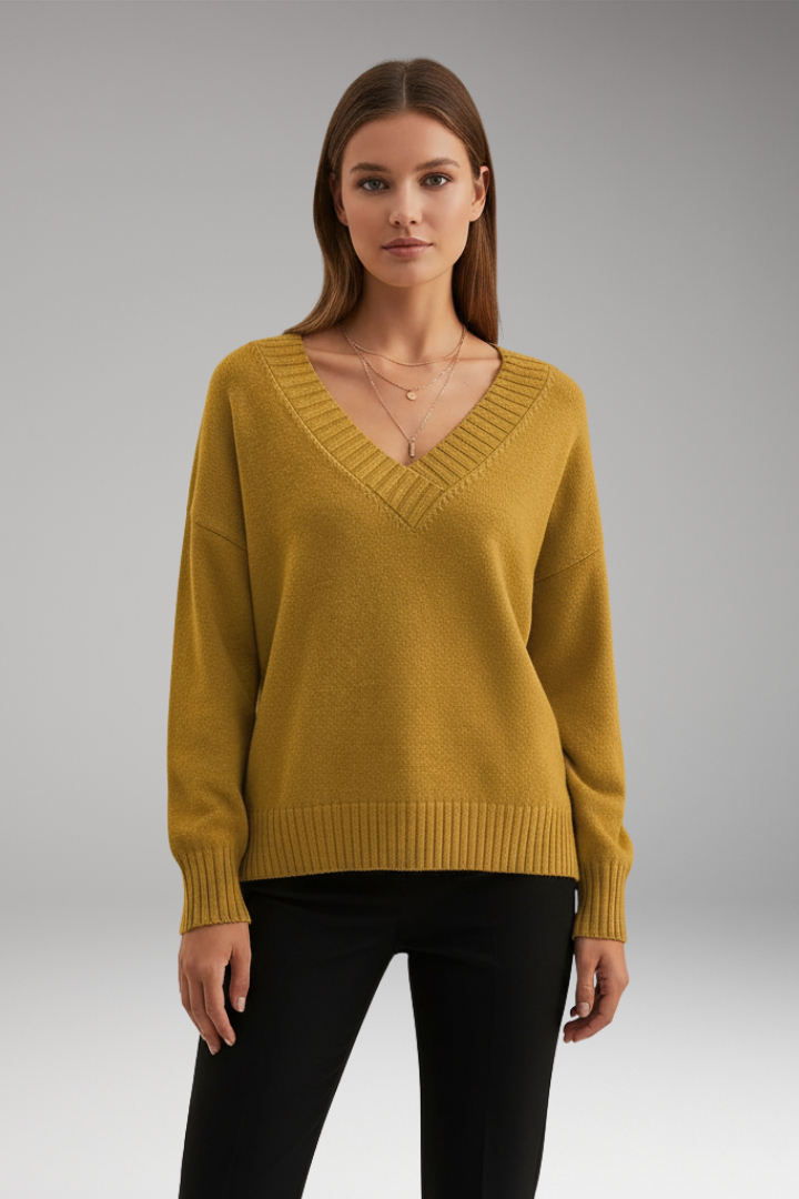 Women’s V-Neck Sweater with Ribbed Trim and Knit Design