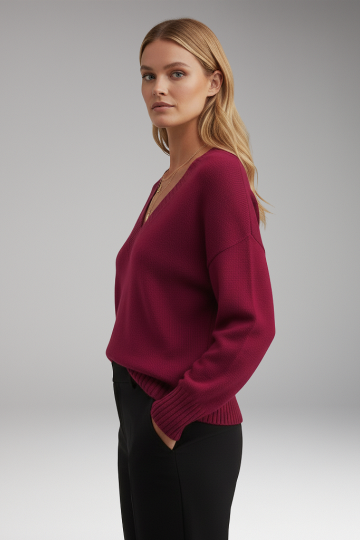 Women’s V-Neck Sweater with Ribbed Trim and Knit Design