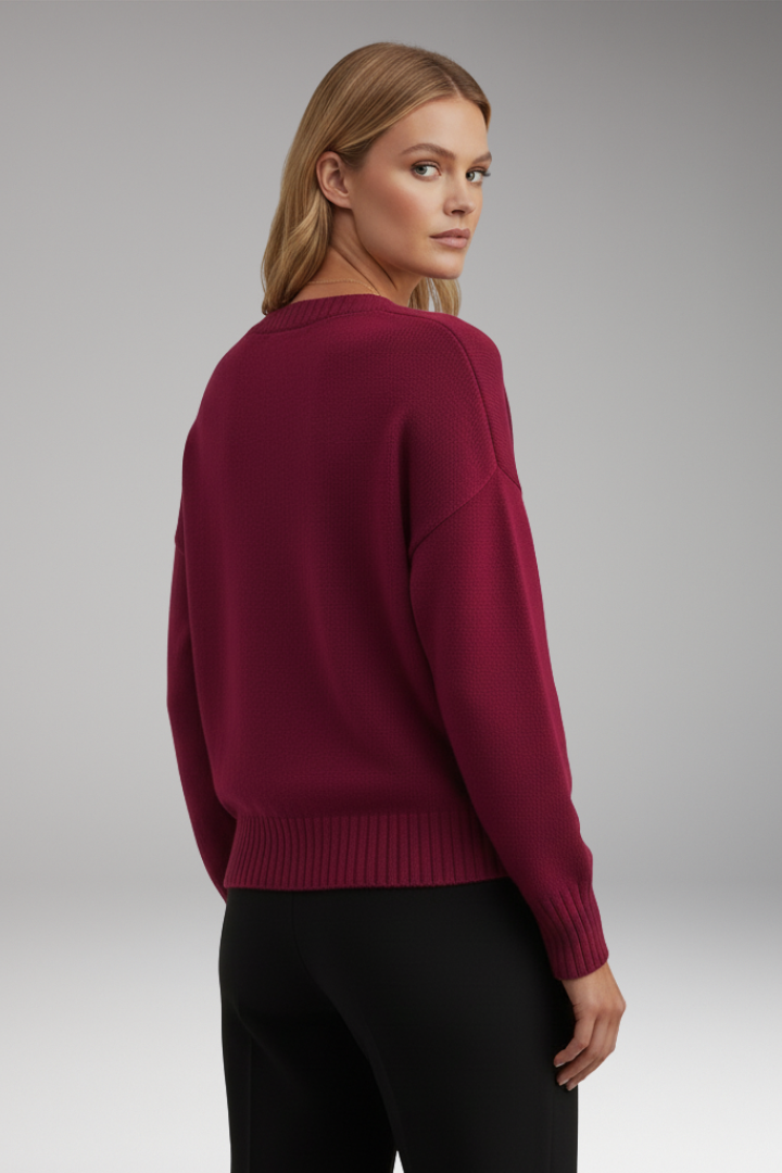 Women’s V-Neck Sweater with Ribbed Trim and Knit Design
