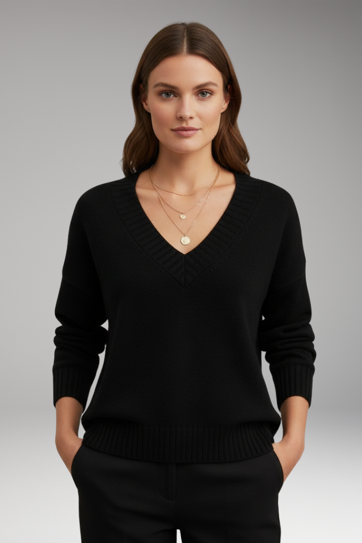 Women’s V-Neck Sweater with Ribbed Trim and Knit Design
