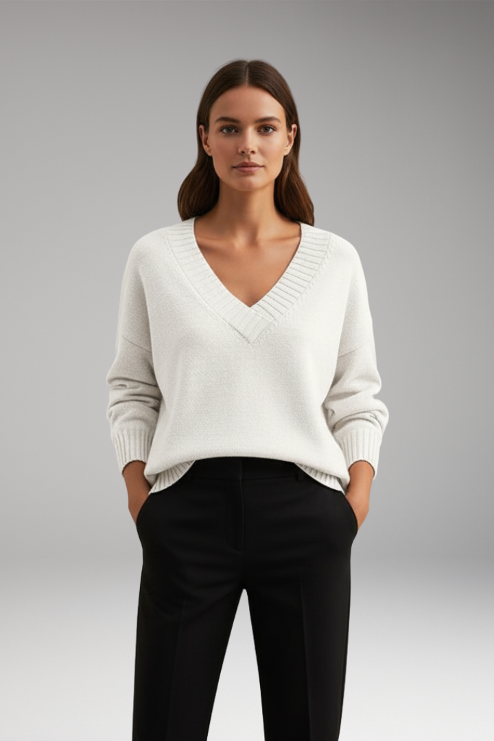 Women’s V-Neck Sweater with Ribbed Trim and Knit Design