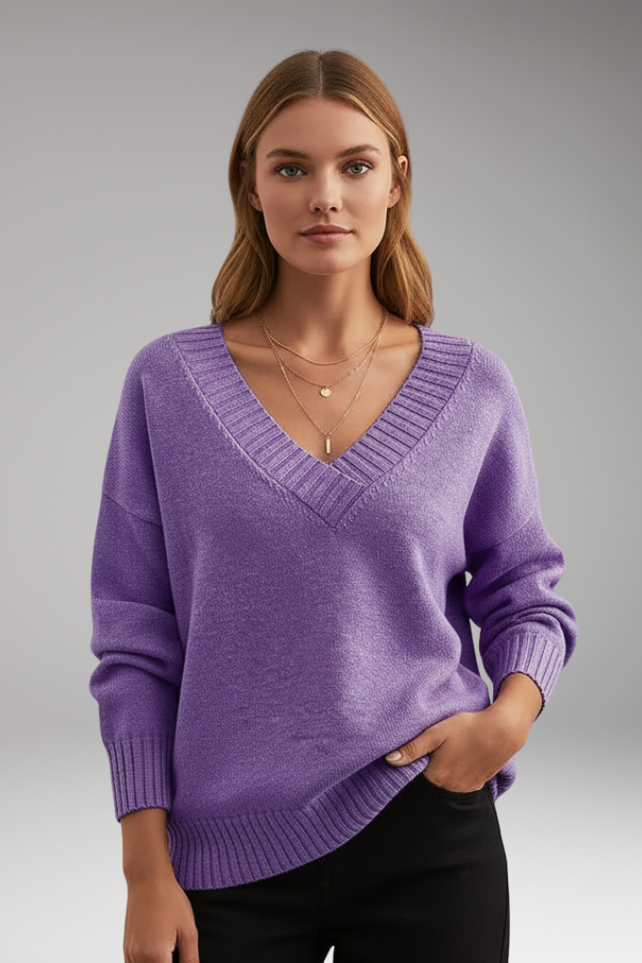 Women’s V-Neck Sweater with Ribbed Trim and Knit Design