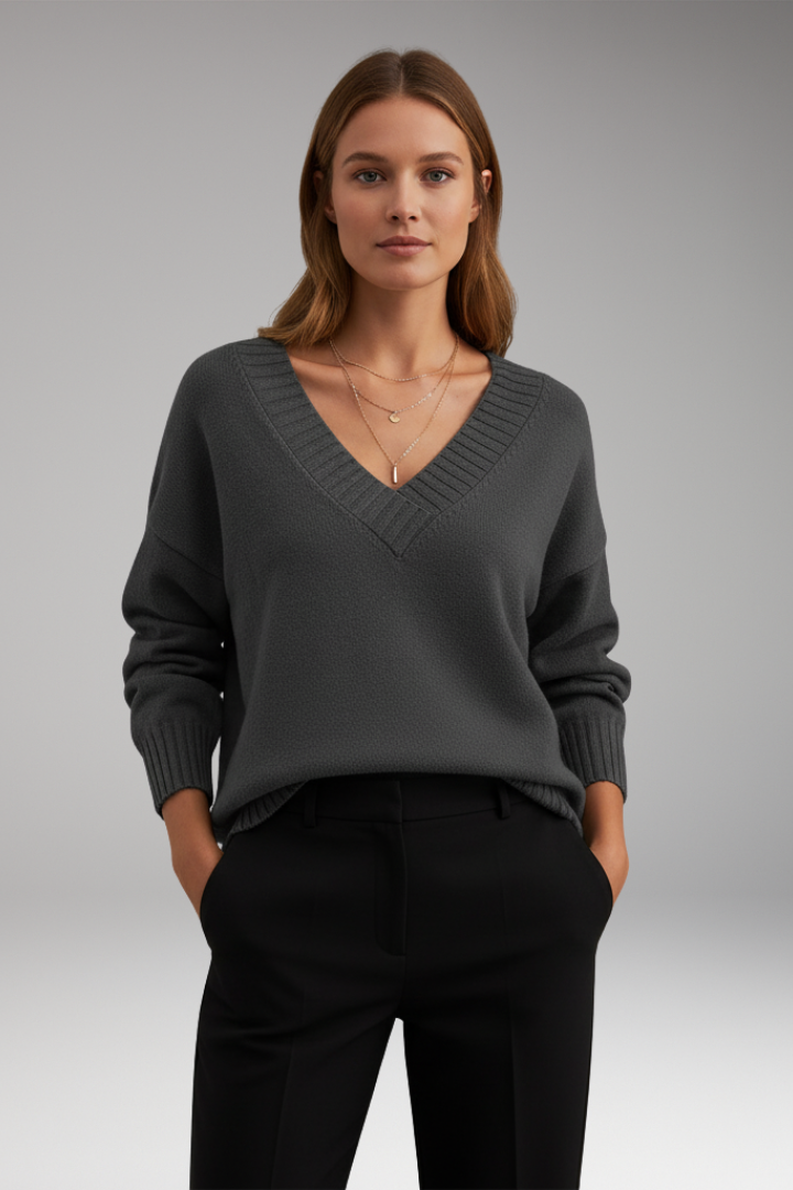Women’s V-Neck Sweater with Ribbed Trim and Knit Design