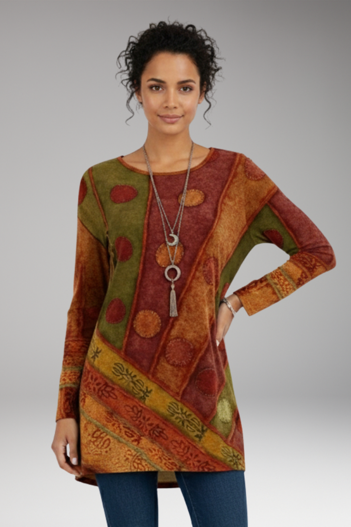 Women's tunic top with Round Neckline and Patchwork Pattern