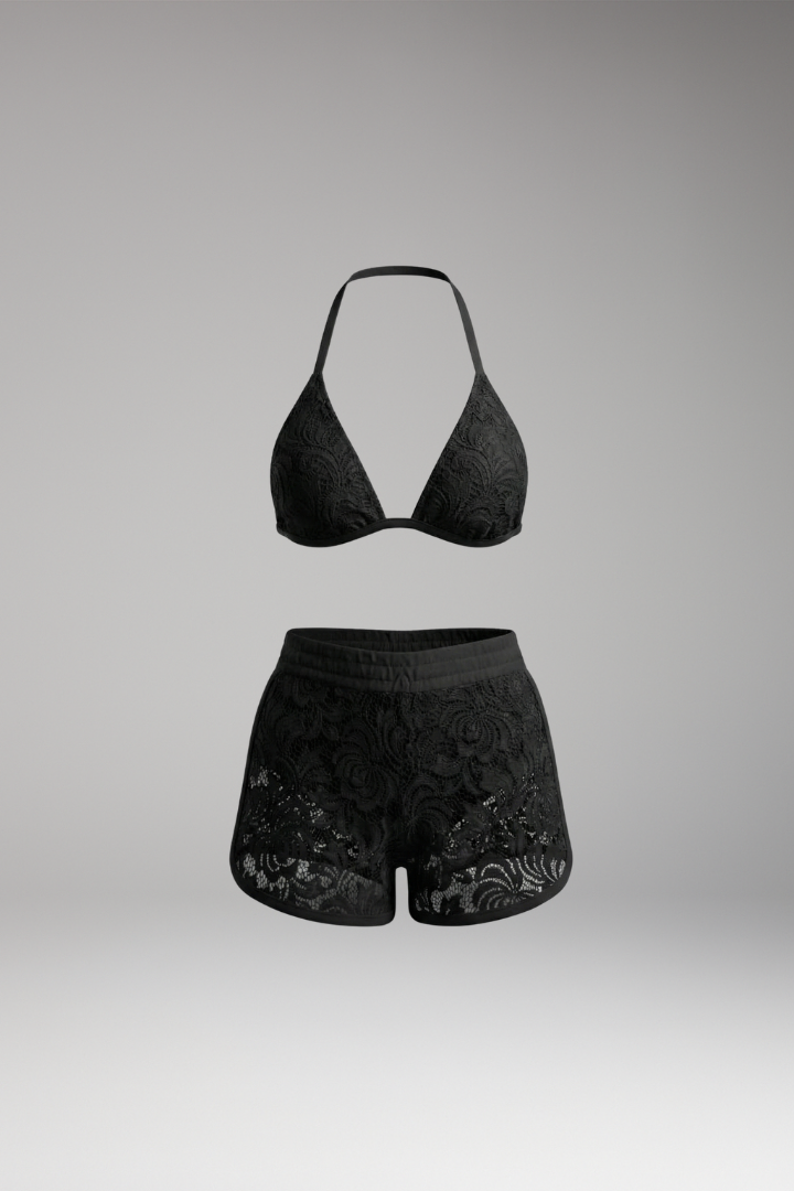 Women's Bikini Set with Halter Top and Lace Trim