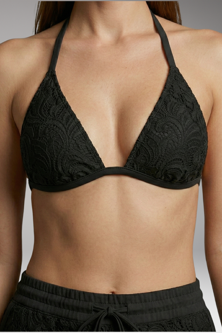 Women's Bikini Set with Halter Top and Lace Trim