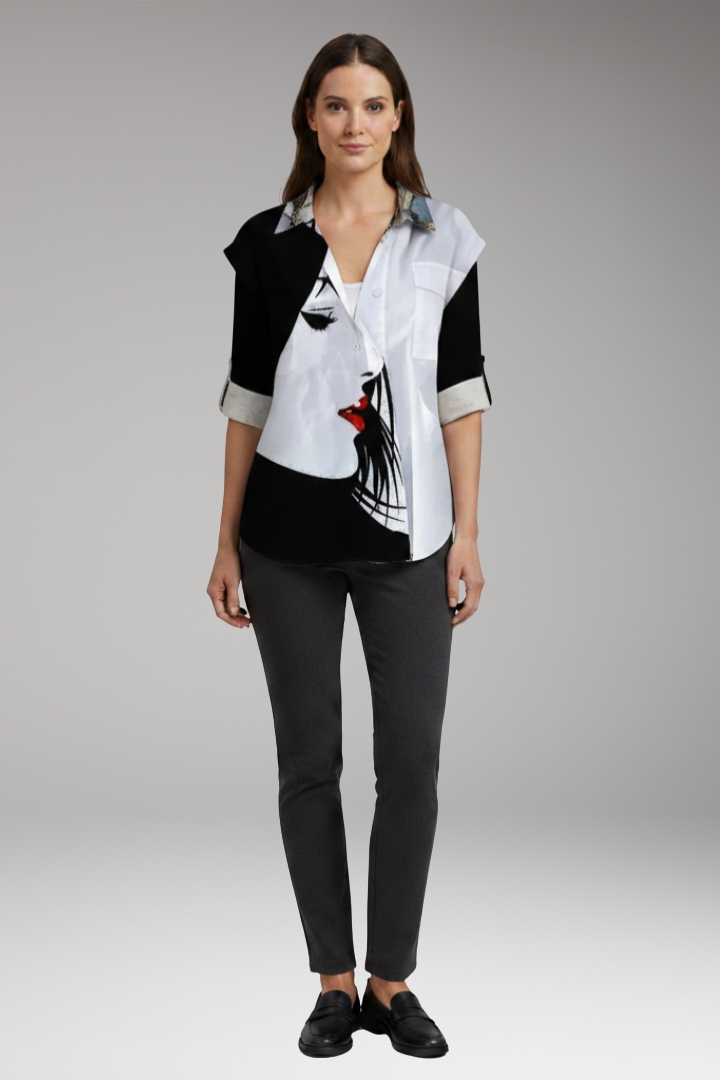Women's Blouse with Floral Design and Contrast Pattern