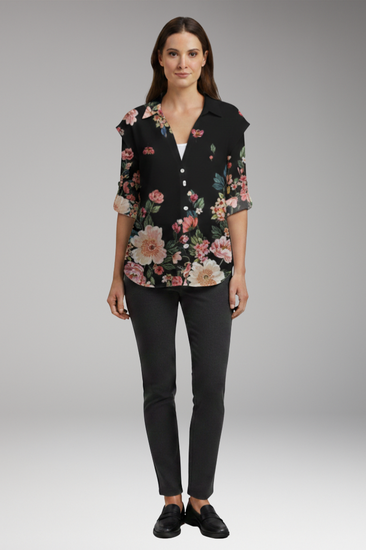 Women's Blouse with Floral Design and Contrast Pattern