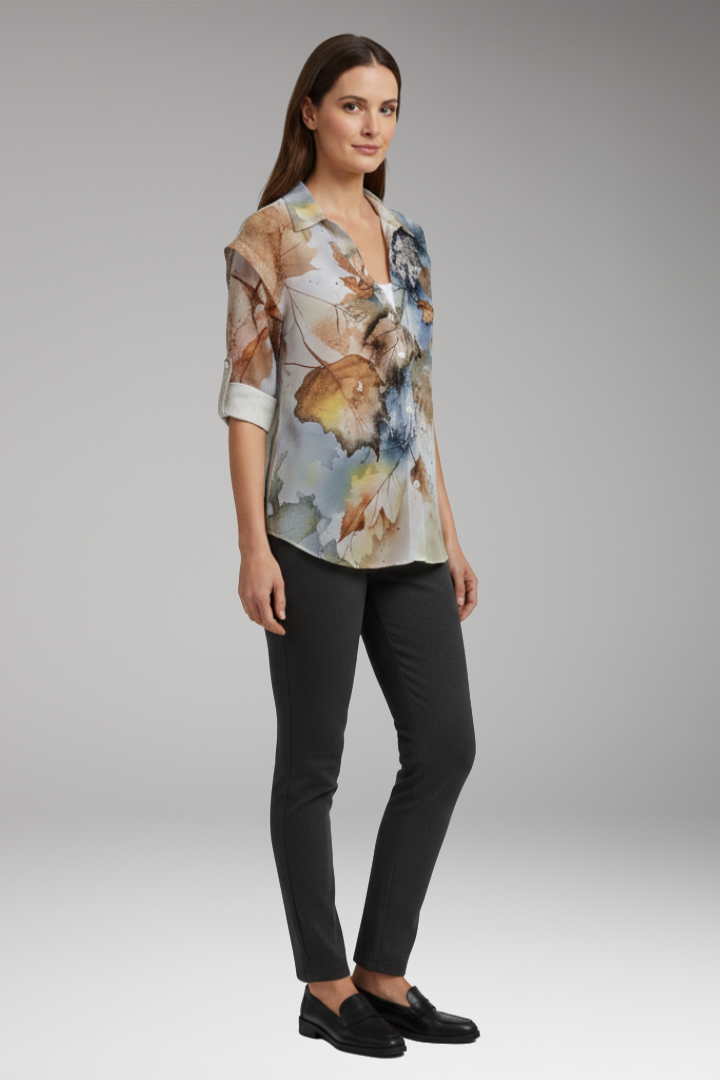 Women's Blouse with Floral Design and Contrast Pattern