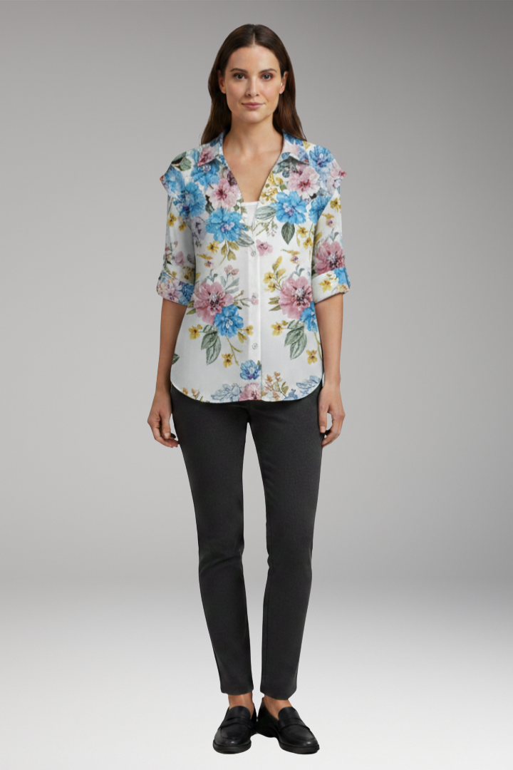 Women's Blouse with Floral Design and Contrast Pattern