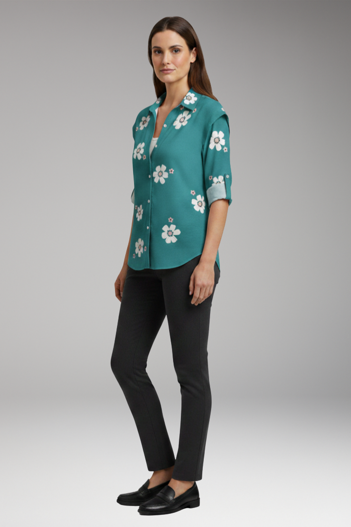 Women's Blouse with Floral Print and Button Placket