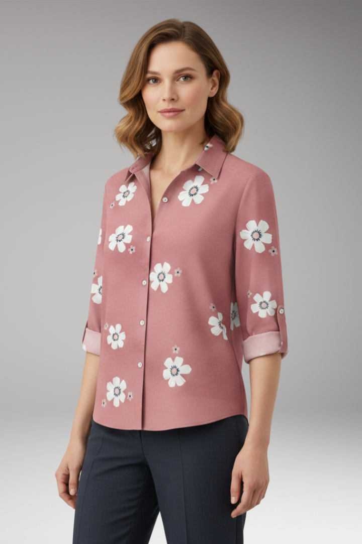 Women's Blouse with Floral Print and Button Placket