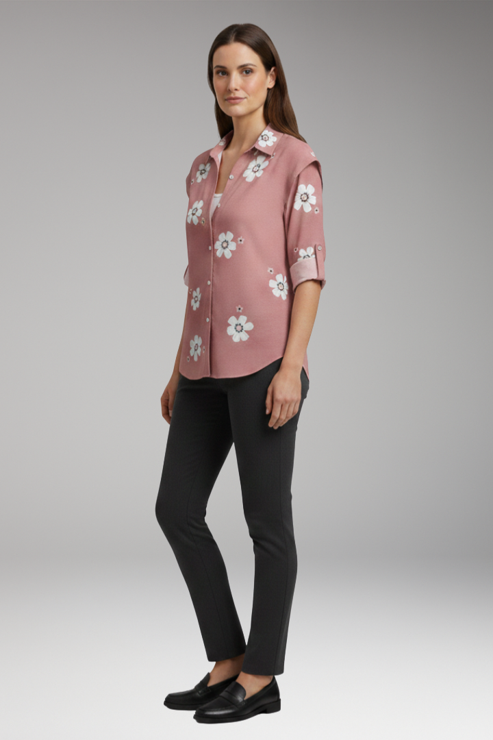 Women's Blouse with Floral Print and Button Placket