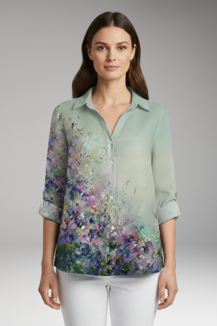 Women's Blouse with Floral Print and Three-Quarter Sleeves